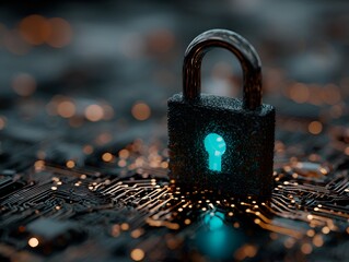 A dark metallic padlock with a glowing keyhole sits on top of a detailed circuit board signifying digital security and data protection online.