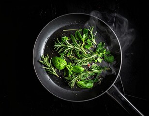 Fragrant Herbs Sizzling in a Dark Pan