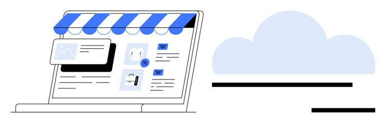 Laptop screen displaying e-commerce storefront, blue-striped awning, product listings, over cloud icon. Ideal for online shopping, cloud solutions, e-commerce, technology, digital marketing SaaS