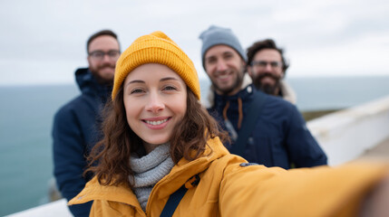Group of four friends taking a selfie outdoors on a cloudy day near the sea with winter clothing and happy expressions