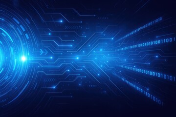 Abstract digital circuit design with binary code and glowing lines symbolizing data transmission and technology innovation. Concept of connectivity, AI, and future systems.