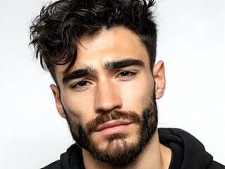 Fototapeta premium Close up portrait of a handsome young man with dark hair and a beard sta intently at the camera with a slightly serious expression on his face.