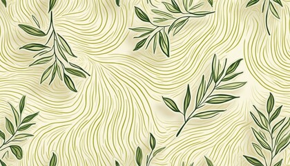 Seamless pattern with olive branches on cream background. Wavy lines, green leaves create natural design. Illustration for wallpaper, fabric, decoration. Art with foliage, leaves in vintage style.