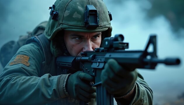 Soldier aims rifle through scope in smoky battlefield. Military man in helmet and uniform prepares for combat action. Intense focus on enemy target during war conflict.