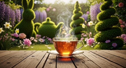 Steaming Cup of Tea on Wooden Table in Whimsical Garden with Topiary Animals