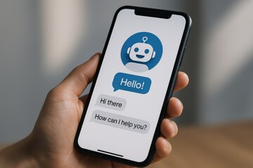 User engaging with a chatbot on smartphone, showcasing digital communication and AI interaction. Concept of technology, customer service, and innovative support solutions.