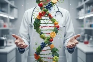 Doctor holding a floating DNA helix formed from fresh fruits and vegetables, symbolizing nutrition, health, genetics, and wellness in a medical laboratory setting.