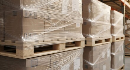 Stack of cardboard boxes wrapped in plastic on a wooden pallet in a warehouse. Industrial packaging for logistics and freight transportation.