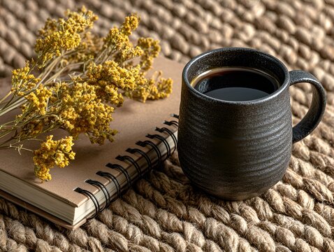 A cup of black coffee sits beside a spiral notebook and a spray of yellow wildflowers on a woven mat in a still life setting. - Powered by Adobe