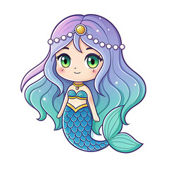 Cute kawaii mermaid character with long wavy hair isolated on transparent background