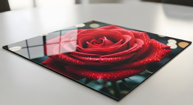 Elegant square glass wall art or coaster featuring a detailed macro photograph of a beautiful wet red rose with water droplets