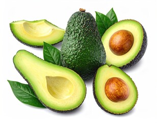 Fresh Avocados Halved and Sliced with Leaves on White Background