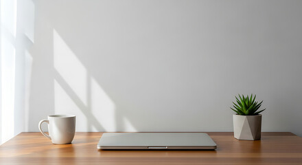 Fototapeta premium Minimalist workspace featuring a laptop mug and succulent on a wooden desk against a white wall