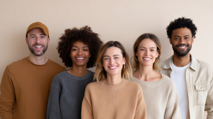 Diverse group of five smiling young adults standing together against neutral background in casual clothing
