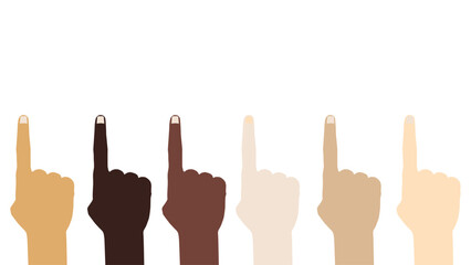 Obraz premium Unity and Diversity Vector Illustration, Diverse Skin Tone Hands Pointing Up Symbol of Hope and Togetherness.