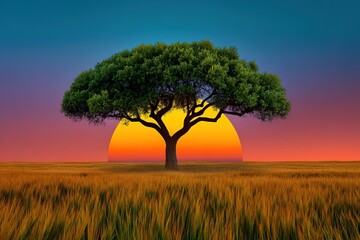 Fototapeta premium Tree Silhouette at Sunset in Field Landscape Nature Background