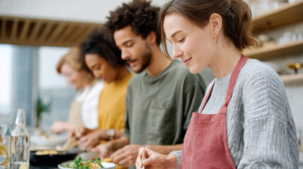Group of diverse young adults cooking together in a modern kitchen preparing healthy meals with focus and collaboration