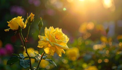 “Close-Up of Yellow Rose in Full Bloom with Rosebuds and Green Leaves in Sunlit Garden Setting”