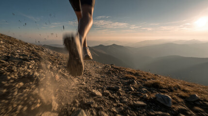Trail runner descending rocky mountain trail at sunset with dust kicking up and distant ridgelines glowing in warm light