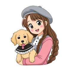 Cute anime girl holding a golden retriever puppy isolated on transparent background