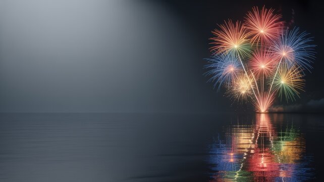 Colorful fireworks exploding over water with vibrant reflections against a dark night sky background happy new year theme