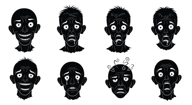 Horror Zombie Face Expression Set Monochrome Illustration