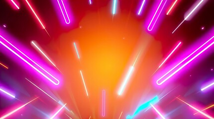 Abstract neon lights burst with vibrant energy and color. Neon beams create a captivating visual effect, centered on a bright, radiant core