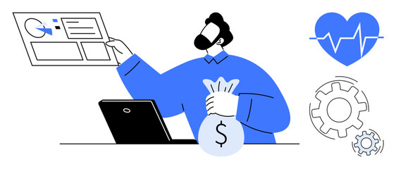 Man handling money bag, analyzing data, and using laptop. Heart health and automation gears emphasize efficiency and well-being. Ideal for finance, analytics, health, strategy, productivity