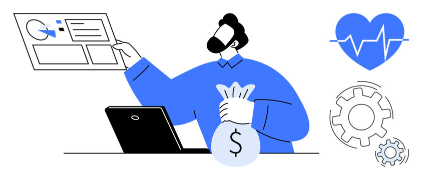 Man handling money bag, analyzing data, and using laptop. Heart health and automation gears emphasize efficiency and well-being. Ideal for finance, analytics, health, strategy, productivity