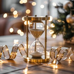 Elegant brass hourglass with flowing sand on a wooden table surrounded by festive bokeh lights happy new year theme