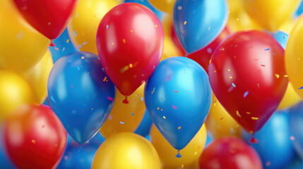Red balloon blue balloon yellow balloon confetti celebration colorful balloons float in close view with scattered confetti creating joyful festive atmosphere