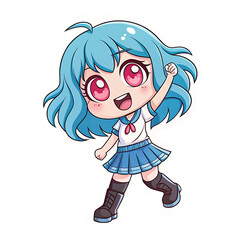 Cute anime girl with blue hair and big eyes isolated on transparent background