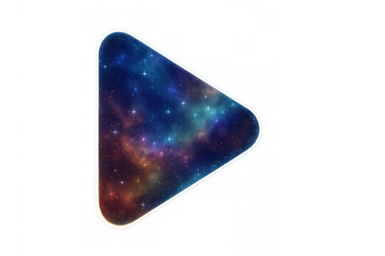 Play button icon representing streaming media or cosmic video content with nebula and stars, transparent