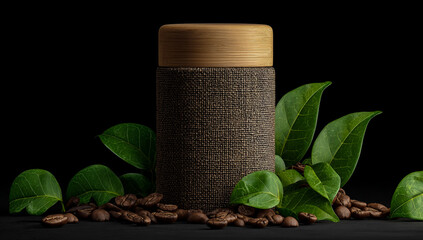 Artistic still life of a textured coffee canister surrounded by fresh green leaves and roasted coffee beans