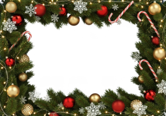 Festive christmas garland border with ornaments and candy canes isolated on transparent background
