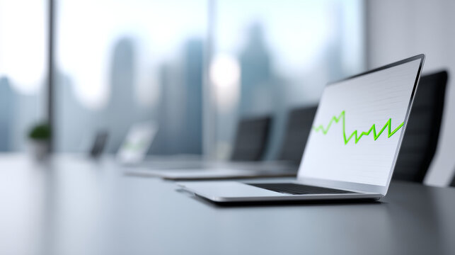 Modern setting with laptop displaying green upward graph on screen, blurred cityscape background, and empty chairs around conference table