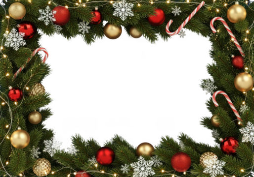 Festive christmas garland border with ornaments and candy canes isolated on transparent background