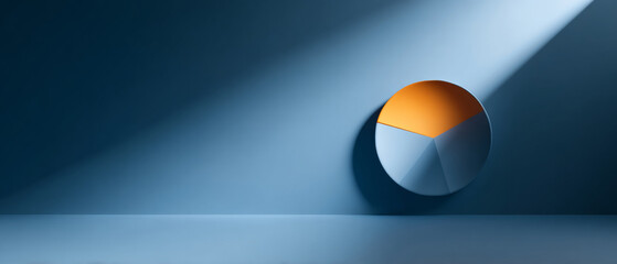 Minimalist pie chart with one orange segment illuminated by spotlight on blue background representing data visualization and focus