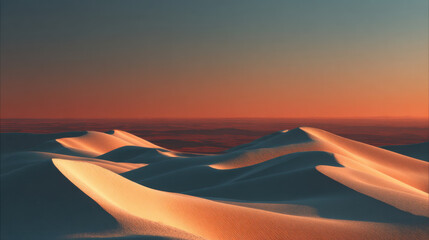Golden sand dune curve, desert landscape, sunset light, soft ridge, sweeping horizon, warm glow, textured sand