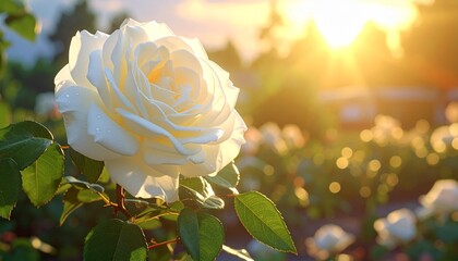 “Close-Up of White Rose in Full Bloom with Green Leaves and Sunlit Garden Background Near Tree Trunk”