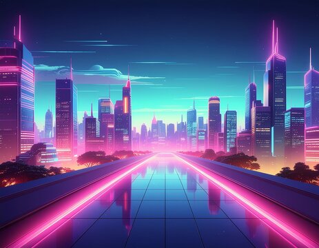 A breathtaking futuristic cityscape glows with vibrant neon pink and blue lights, creating a mesmerizing urban panorama at twilight, reflecting a dazzling future vision