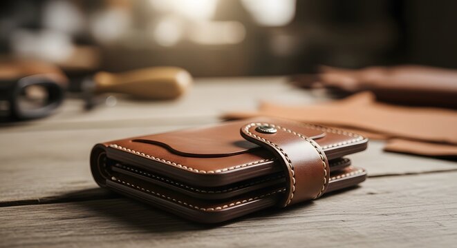 Close-up of a handcrafted genuine leather bifold wallet on a rustic wooden artisan's desk with leatherworking tools blurred in the background