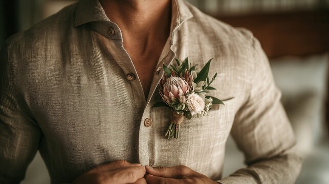 Handsome groom in beige linen suit fixing boutonnière tropical beach wedding portrait