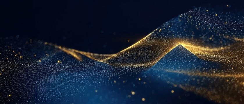 Golden particles and bokeh on navy blue abstract background, perfect for Christmas, New Year, and holiday celebration visuals.