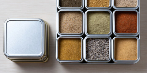 Fototapeta premium Top view of square metal containers filled with various colorful spices and seeds arranged in a grid on a light wooden surface