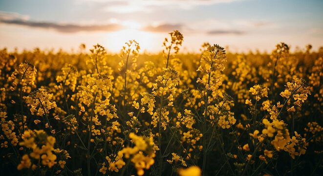 Golden sunset illuminating a vast field of blooming yellow rapeseed flowers under a dramatic sky