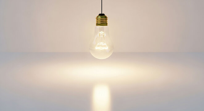 Single vintage edison light bulb illuminated with a warm glow casting a bright light on a white background - Powered by Adobe