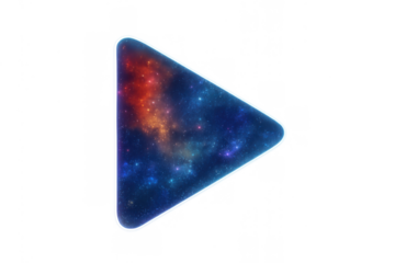 Play button icon representing cosmic exploration, digital media, future technology, and abstract universe content on a transparent background
