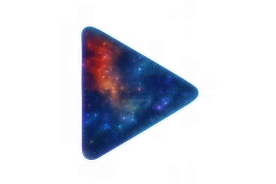 Play button icon representing cosmic exploration, digital media, future technology, and abstract universe content on a transparent background