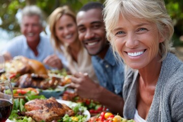 Friends enjoy a delicious outdoor meal together at a gathering in a sunny location